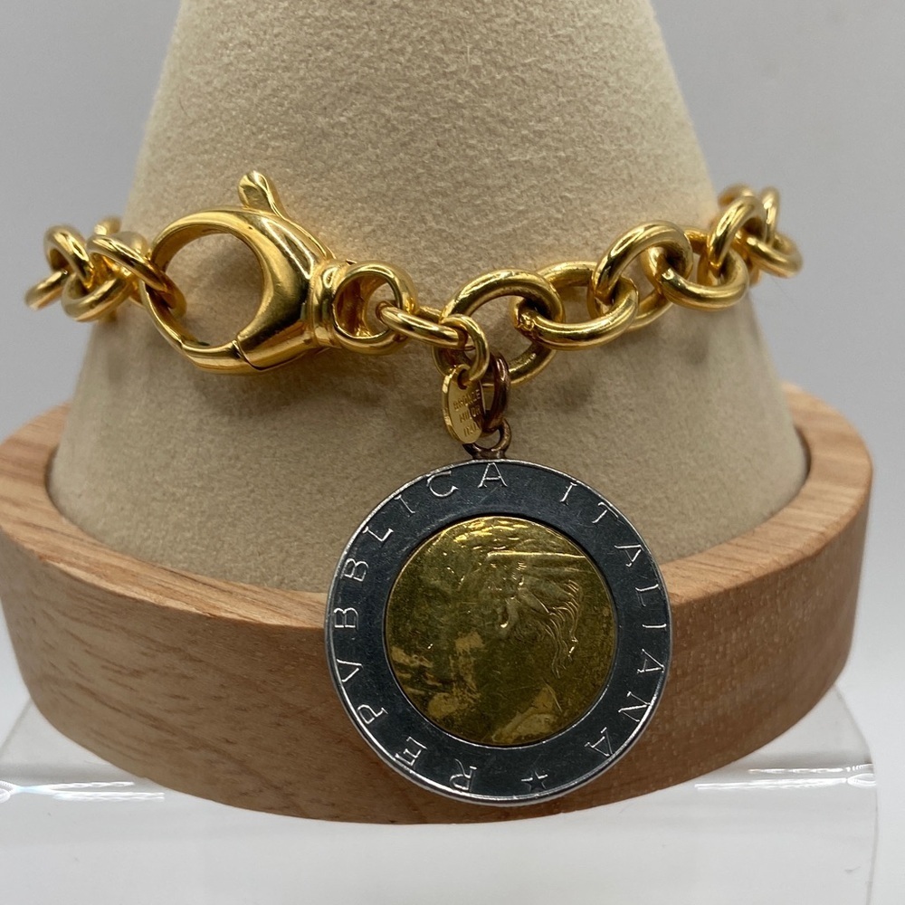 Rare Vintage Milor Yellow Bronze Rolo Link 500 Lire Coin Charm Bracelet